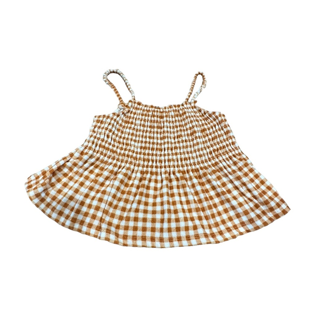 SO Brown and White Gingham Smocked Peplum Tank Top